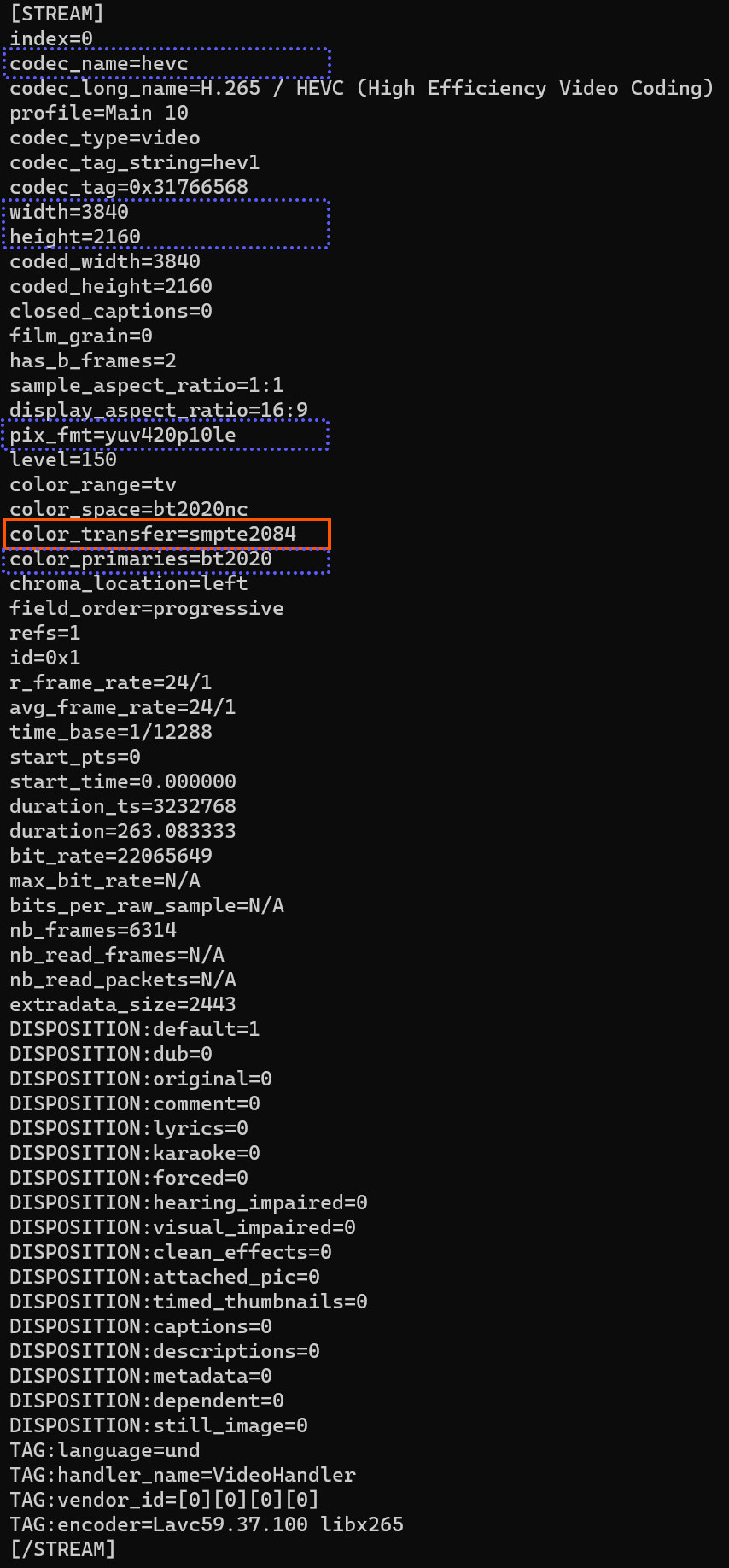 MediaInfo data for a HDR video