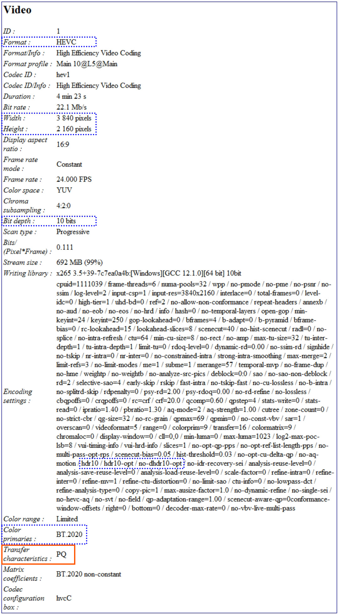 MediaInfo data for a HDR video