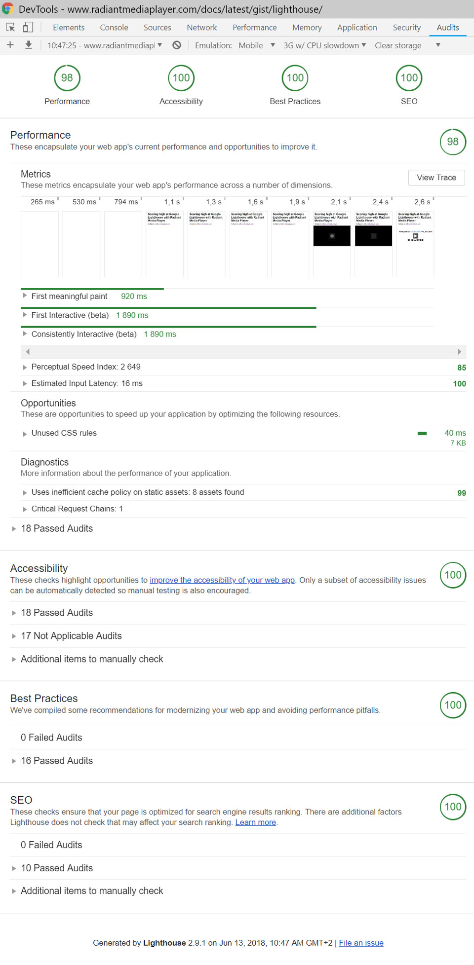 Lighthouse results for Radiant Media Player